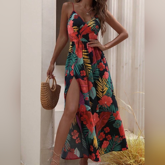 Tropical Print Split Thigh Cami Dress - Picture 4 of 5